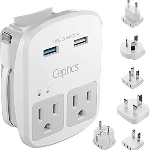 Ceptics Universal Travel Adapter Kit – 2 USA sockets, 1x USB-A & C, 1x PD 35W Type C port and cable, Surge Protected, Plugs for EU, UK, China, AU, Japan - Use with Laptop, Phones, Cameras - ETL Tested