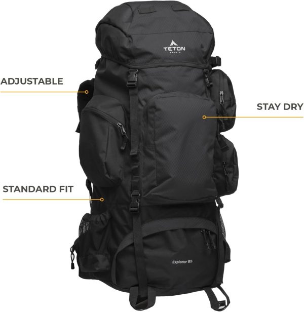 TETON 85L Explorer Internal Frame Backpack for Hiking, Camping, Backpacking, Rain Cover Included, Black - Image 2
