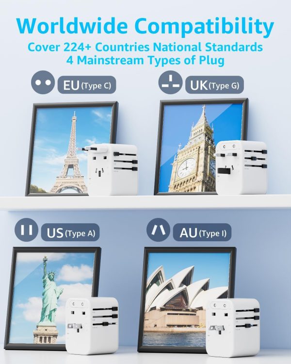 Universal Travel Adapter, International Travel Plug Adapter with 2 USB-C(PD 20W) ＆ 1 USB-A Ports, All in One Portable Adaptor, for USA, UK, EU, AU ＆ 224+ Countries (White) US - Image 5
